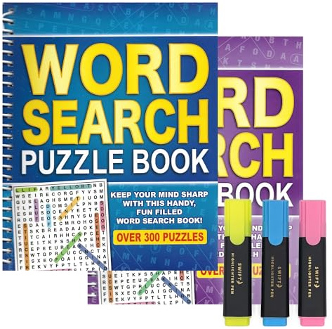 ihoot Spiral Word Search Books for Adults Bundle | Puzzles for Adults and Teens | 2x Books PLUS Handy Pack of Highlighter Pens | Brain Teasers Puzzle Book, Wordsearch Word Games