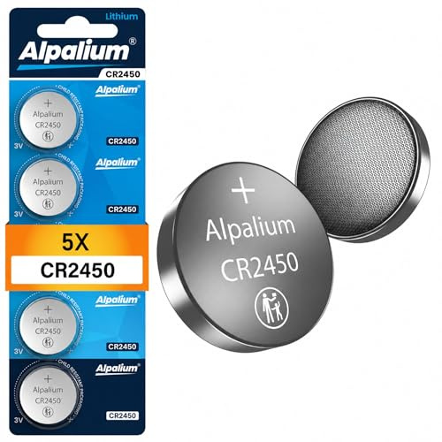 Alpalium Pilas de botón CR2450, paquete de 5 unidades, 3 V, alto rendimiento para mandos a distancia, llaveros, CPU, dispositivos portátiles y médicos, CR 2450 de alta calidad y larga vida útil