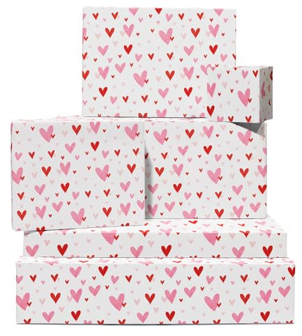 Hjärtomslagspapper – rosa och röda hjärtan kärleksmönster – 6 ark presentpapper – vitt omslagspapper till årsdagen alla hjärtans dag födelsedag – återvinningsbar – av Central 23