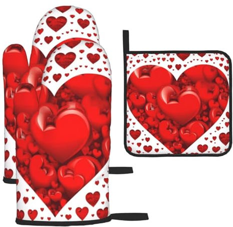Set di 3 guanti da forno a forma di cuore e presine con stampa 3D isolati per cucina, cucina, forno, barbecue, grigliate