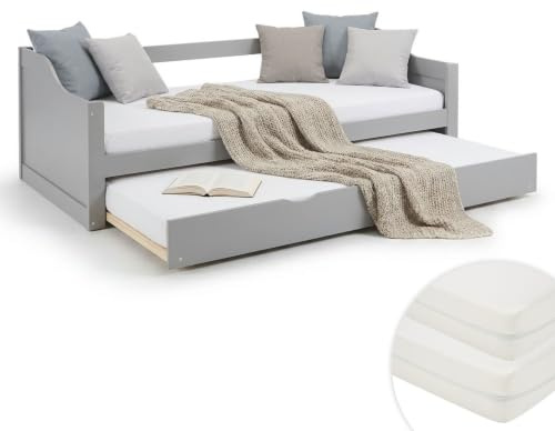Homestyle4u Kinderbett 90x200 Ausziehbar mit Schublade & 2 Matratzen | Ausziehbett aus Massivholz Kiefer grau lackiert als Tagesbett, Gästebett oder Jugendbett