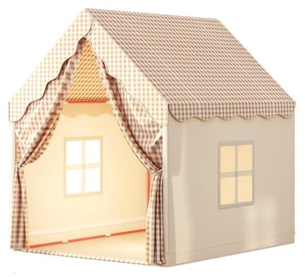 Benebomo Tienda de Juegos para Interiores, casita con Estampado de Cuadros Vichy en Beige y Blanco. Tienda de Juegos para Exteriores con Cortinas, casita