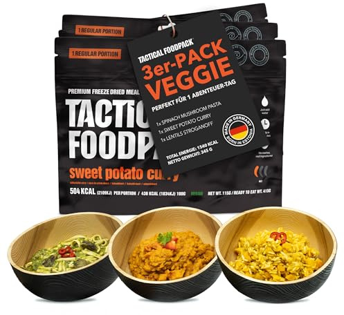 Tactical Foodpack 3er Set - 3 vegane Gefriergetrocknete Mahlzeit für Camping, Survival Outdoor Nahrung. Tracking oder Notfallrucksack – Fertiggerichte wie hausgemacht zum Verzehr bereit