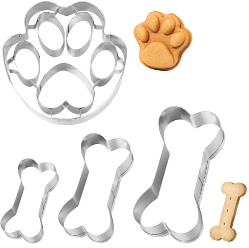 4 Stück Ausstechformen Knochen Keksausstecher, 1 Pfote und 3 Knochen, Ausstecher Edelstahl Keksausstecher für Hund Geburtstag Hunde-Kekse oder Leckerlis Backen & Basteln