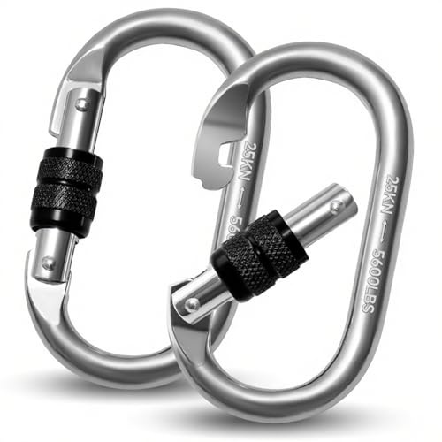 Vipuikos Lot de 2 mousquetons de 25 KN - En forme de O - Grands mousquetons de sécurité - En acier inoxydable - Charge maximale : 2500 kg - Pour yoga, hamac, camping, balançoire (argent + noir)