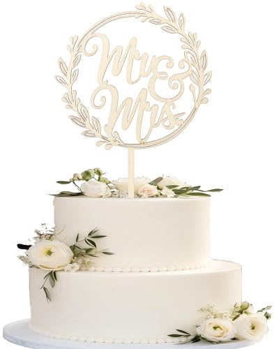 SYKYCTCY 1 Pack Mr&Mrs Cupcake Toppers Wooden Bridal Shower Cupcake Picks for Wedding Engagement Bridal Shower Anniversary Party Cake Decorations Supplies