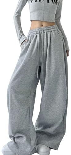 WANLAI Sweatpants Damen Baggy mit Weitem Bein Lässiger Teenager Mädchen Y2K Jogginghose Lockere Passform High Waist Freizeithose Pants mit Taschen