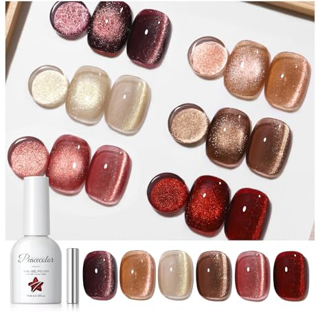 PEACECOLOR Cat Eye Gel Nail Polish with Magnet, 6 Colours (Fall) | 10ML Holographic U V LED, Glitter Red Brown Burgundy, Soak off Nail Polish Manicure Set, DIY Nail Art for Home Gift Women