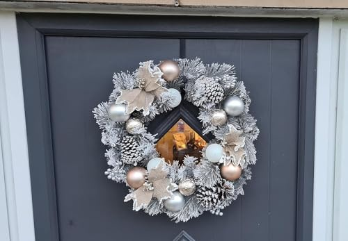 Garden Mile Frosted Christmas Wreath 50cm - Decorated Silver Wreath with Baubles Pinecones & Flowers - Elegant Winter Door Garland Christmas Decorations for Front Door or Indoor Display