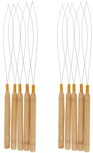 NUOBESTY Herramienta Ligera para Extensiones de Cabello 10 Agujas de Gancho Mango de Madera y Metal para Peluquería y Bricolaje de Cabello Real y Sintético