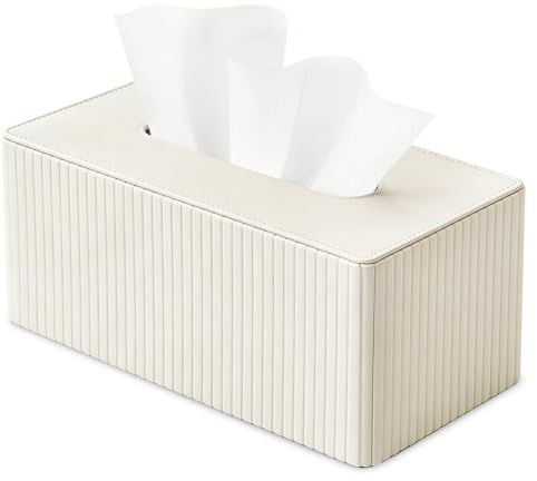 Kosmetiktücherbox, 25x14x11cm PU Leder Taschentuchbox, Dekorative Taschentücher Box, Tücherbox Nachfüllbar, Rechteckige Taschentuchspender für Wohnzimmer Büro Zuhause Auto Restaurant(Cremeweiß)