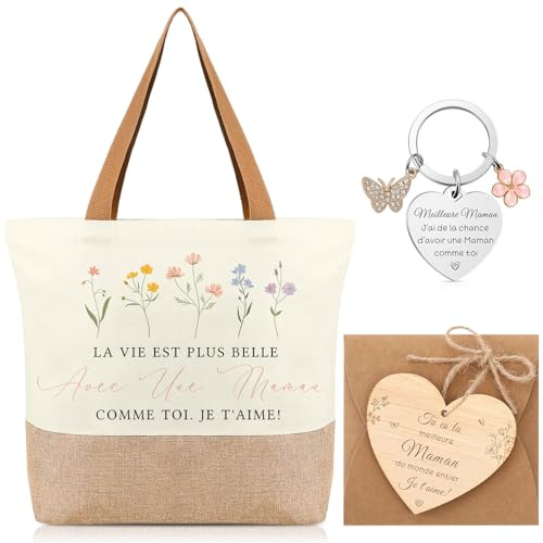 Photect Regalo para Mamá, Bolsa de Yute, Llavero con Colgantes de Pétalos y Mariposas, Placa de Madera en Forma de Corazón, Sobre, Regalo para Día de la Madre o Cumpleaños
