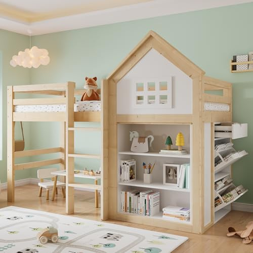 Yrxin Cama alta de 90 x 200 cm, cama infantil con compartimentos de almacenamiento y cajones, diseño de casa, cama funcional para niños con protección anticaídas y peldaños estables, pino, blanco y