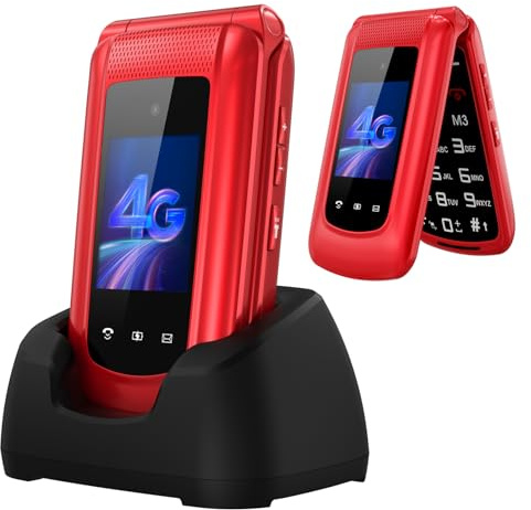 uleway 4G Big Button Mobile Phone for Elderly Sim Free Unlocked Simple Senior Flip Phone Easy to Use Basic Phones with 2.4 +1.8 IPS Screen, SOS Button, Charging Dock 1000mAh Battery (Red)