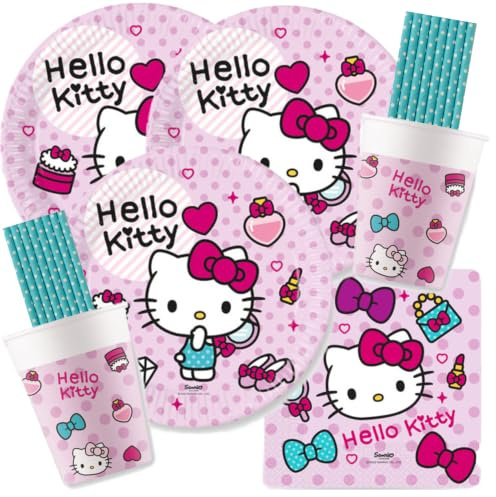 Procos kalaspaket Hello Kitty för 16 barn | Papptallrikar, pappersmuggar, servetter, papperssugrör för barns födelsedag