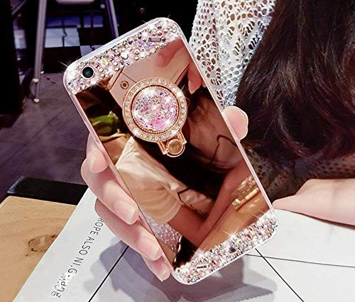 Artfeel Glitzer Spiegel Hülle für iPhone XR, Bling Glänzend Diamant Strass mit Ring Halter Ständer Handyhülle,Ultra Dünn klar Weich Silikon Make Up Spiegel Hülle-Rose Gold