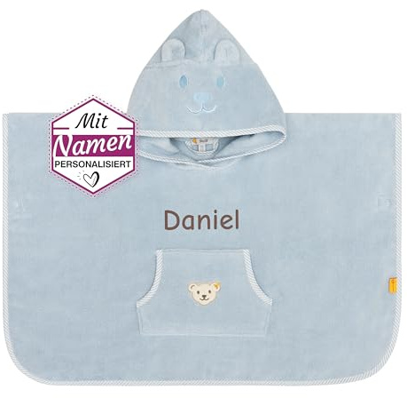 Steiff Poncho Bestickt mit Namen für Baby & Kinder, Blau, Junge Badetuch, Bade-Poncho, Kapuzenbadetuch, Handtuch mit Kapuze, Mädchen & Junge (Unisex) Bademantel, 100% Baumwolle, Blau