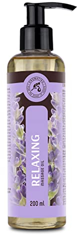 Relaxing Massage Oil 200ml - 100% Natural Calming Oil w/Oils Grape Seed - Jojoba - Almond - Lavender - Geranium Oils - Natural Cosmetics - Relax for Stress Relief - Good Sleep - Calming - Beauty