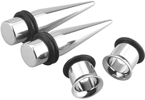 Awinrel Stainless Steel Ear Gauge Taper Stretching and Single Flare Plugs Flesh Tunnel Kit with O-ring 2 Pairs Silver 0G 8mm