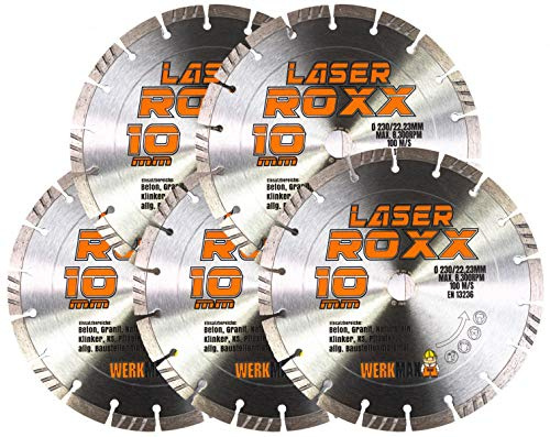 Werkmax, Diamant Trennscheibe 230 mm, 5er-Set Diamantscheibe Laser Roxx, Neuentwicklung für Beton, Pflasterstein, Ziegel, Granit, Naturstein