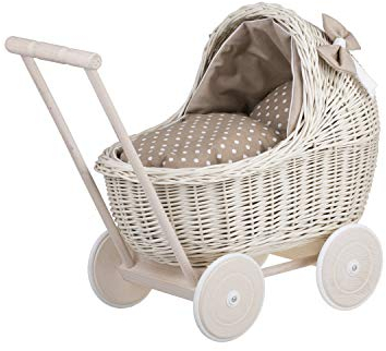 e-wicker24 Alles aus Weide Puppenwagen aus Weide mit Bettwäsche perfekte Geschenkidee Korbpuppenwagen schöner Spielzeug aus Korbgeflecht Korbwagen für Puppen Spielzeug für Mädchen (Beige)