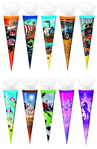 10x Schultüte / Zuckertüte / 35cm / mit Tüllverschluß / 10 verschiedene Motive