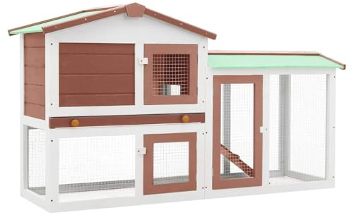 vidaXL Holz Großer Kaninchenstall Hasenstall Kaninchenkäfig Hasenkäfig Kleintierstall Hasenvilla Meerschweinchen Braun Weiß 145x45x84cm