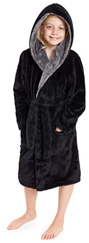 CityComfort Robe De Chambre Polaire Enfant, Peignoir Garçon Ou Fille en Pilou, Taille Enfant et Adolescent 7-14 Ans (Noir, 13-14 ans)