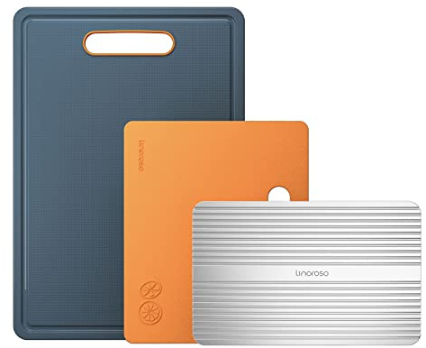 Linoroso Set di 3 Taglieri da Cucina in Plastica con Scivolo per il Succo, Tagliere per Scongelare la Frutta Tagliere Antiscivolo Antibatteri Lavabile in Lavastoviglie - Arancione Lava