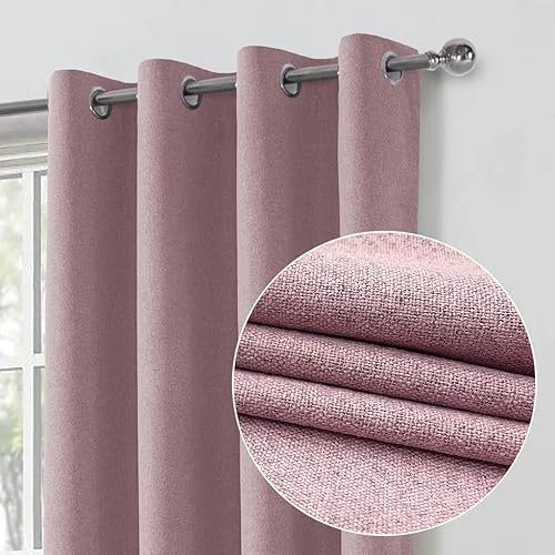 always4u 100% Blackout Curtains for Bedroom 1 Pair Modern Linen Look Window Treatment for Home Decoration 3-layer Fully Lined Thermal Curtain Blush 46x54