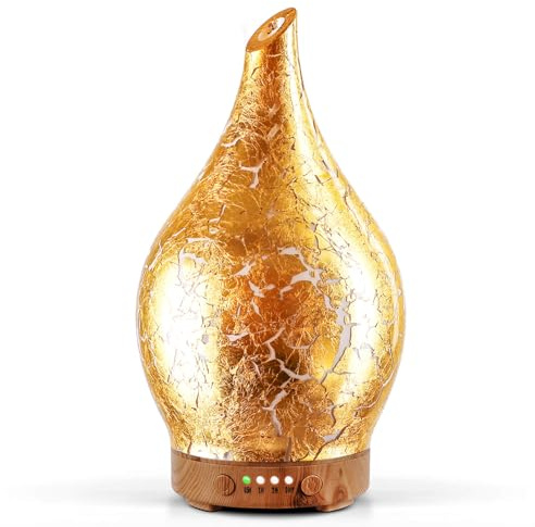 Porseme Aroma Diffuser 150ml, Handgeblasen Glas Luftbefeuchter, Ultraschall Aromatherapie Öle Diffusor mit 7 farbigem LED Licht, Diffusor für Ätherische Öle mit Timer BPA Frei für Wohnung(Goldplated)