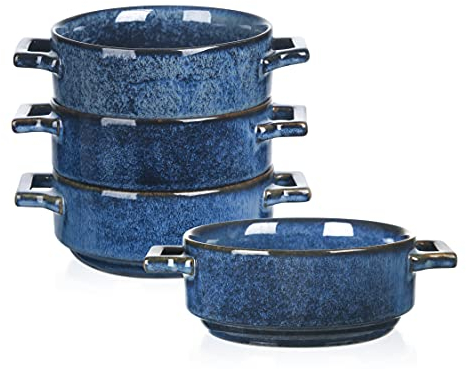 vicrays Cuencos de sopa de cerámica con asas, 24 onzas de porcelana para sopa de cebolla francesa, cereales, estofado de ternera, frío, pasta, aptos para microondas y horno, juego de 4 (azul)