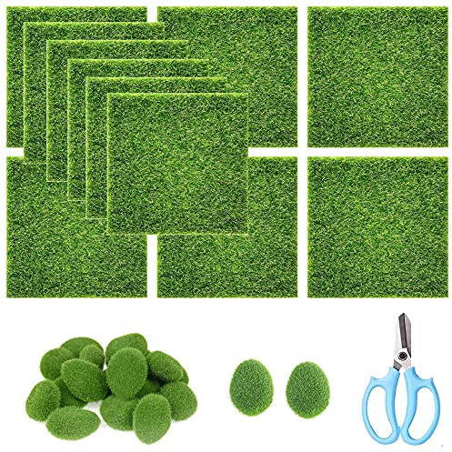 Cayway 28 Pz Alfombra de Hierba Artificial, 12 PCS 15 x 15CM Cesped Artificial Hierba Artificial Miniatura de Plástico y 15 PCS Musgo Artificial Rocas Decorativas para Interiores y Exteriores
