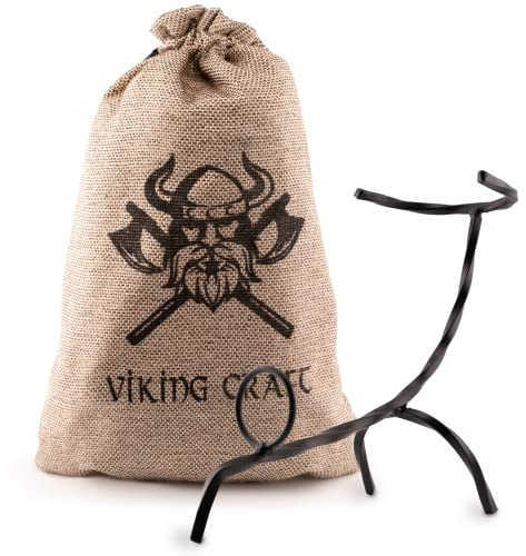 VIKING CRAFT Trinkhorn Ständer aus Eisen für 0,5–1 L Hörner & Wikinger Deko | Robuster Hornhalter aus Eisen mit Beutel, für Trinkhörner von 0,5–1 l, als Tischständer für LARP, Mittelalter & Wikinger Deko