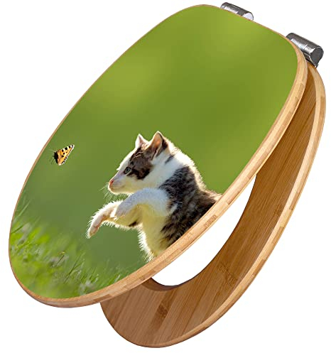banjado Design WC Sitz Bambus Absenkautomatik 45,8x37,5cm / Toilettendeckel mit Absenkautomatik Holz/hochwertiger Bambus Klodeckel/WC-Sitz für gängigen Toiletten/Motiv Jagende Katze