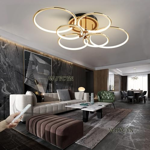 LED Deckenleuchte Dimmbar Gold Ring Moderne Deckenlampe mit Fernbedienung Metall Acryl Runde Kronleuchter Wohnzimmer Küche Schlafzimmer Büro Esszimmer Lampe Dekoration Beleuchtung 6 Rings/144W/110cm
