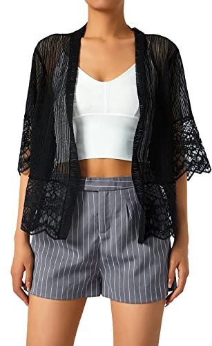 Edhomenn Cardigan boléro transparent à manches courtes pour femme - Couleur unie - Dentelle patchwork - Léger - Boléro, Noir , M