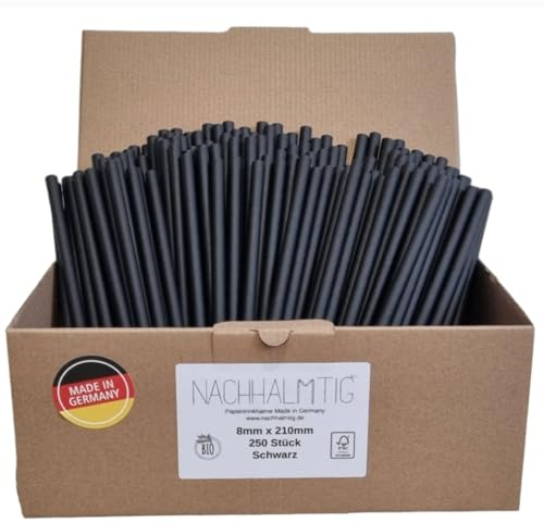 Nachhalmtig Strohhalme Trinkhalme Papier schwarz 250 St. 8mm x 200mm MADE IN GERMANY für Warmgetränke bis 70°C, ideal für Latte Macchiato, Aperol, Cocktails, Longdrinks, Milkshakes.
