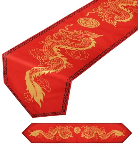 Chemin de Table Chinois 183x33cm, Nappe Dragon Asiatique Rectangulaire, Décorations pour Nouvel An, Fête du Printemps, Cuisine, Salle à Manger (Rouge)
