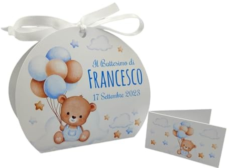 24 Bomboniere Battesimo Maschio Orsetto e Palloncini, Bomboniere Nascita Bimbo Personalizzate, Scatoline porta confetti nascita bimbo complete di Bigliettini e Nastrini. PV Grafik(Tunna14)
