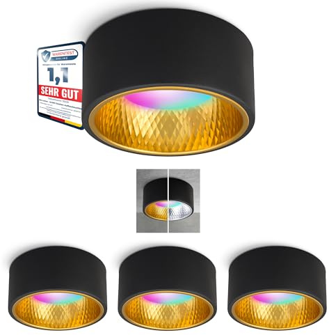 SSC-LUXon OLINO Aufbaustrahler schwarz 4er Set Smart GX53 LED WLAN RGBW App | Vier Deckenspots mit wechselbarer Front gold & silber - per App & Alexa steuerbar, RGB-Farblicht, ohne Hub, fürs Wohnzimmer