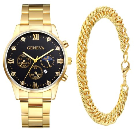 Silverora Uhren Herren Edelstahl Armband: 2pcs Herrenuhren Armkette Analoge Quarz Armbanduhren mit Strass Skala DREI Augen Edelstahlarmband Uhr mit Leuchtende Zeiger Geschenke für Männer Gold