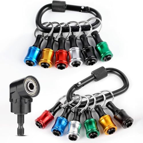 12Pc Drill Bit Holder Key Chain Cool Gadgets Tools,w/Black 105° Right Angle Drill Attachment for Tight Spaces,1/4 Quick Release Keychain for Impact Driver,Nut Driver,Screwdriver&Drill Bits