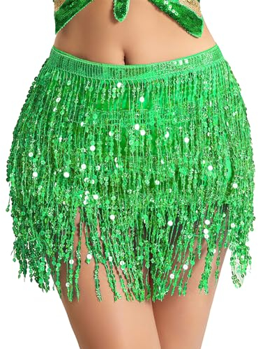 Damen Rock Pailletten Quasten Rock Bauchtanz Kostüm Bauchtanz Hüfttuch Festival Glitzerrock Mini Rock für Damen und Mädchen (Grün)
