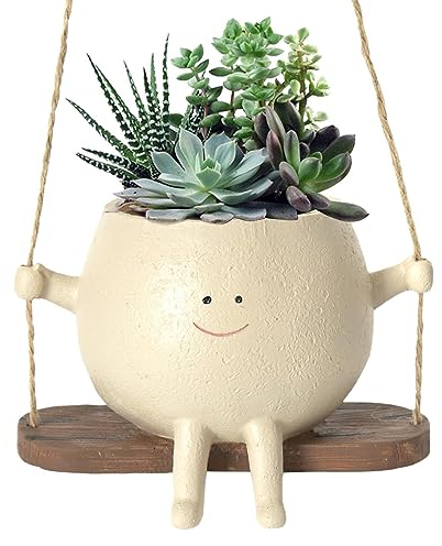 Sobeta Swing Face Planter Pot | Smile Face Hanging Plant Pot | Small Hanging Resin Flower Head | Cute Succulent Plant Pot Indoor Outdoor | Unique Plant Pots For Succulent Planter