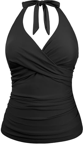 Hilor Women's Underwire Halter V Neck Tankini Bathing Suit Top Swimsuits Tummy Control Swimwear Black Push Up Swim Tops 8