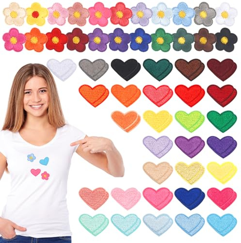 84PCS Aufbügelbare Aufnäher, darunter 62 herzförmige und 22 blumenförmige Aufnäher zum Aufbügeln, bestickte Aufnäher zum Reparieren von Kleidung, Kleidern, T-Shirts, Hüten, Jeans, DIY-Rucksäcken