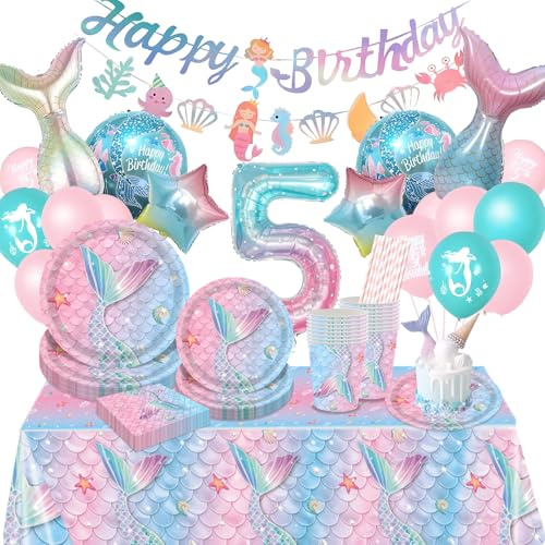 Komicea Meerjungfrau Geburtstag Deko, 103 stück Meerjungfrau Partygeschirr Set, 5 Jahre Geburtstagsdeko Mädchen, 5 Jahre Geburtstag Party Geschirr für Kindergeburtstag Deko Babyparty 16 Gäste
