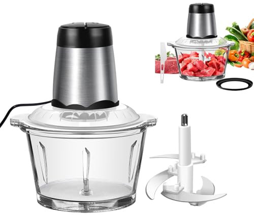 Mini hachoir électrique pour fruits et légumes, 4 lames bi-niveau - Economiseur d'énergie 300W avec Turbo - 2 vitesses - Bol en verre d'une capacité de 2L - Garantie 2 ans