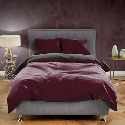 Leonado Vicenti Teddy Plüsch Bettwäsche 135x200 cm Warme Winter Uni Wende Bettbezug Cashmere Touch Anthrazit Bordeaux